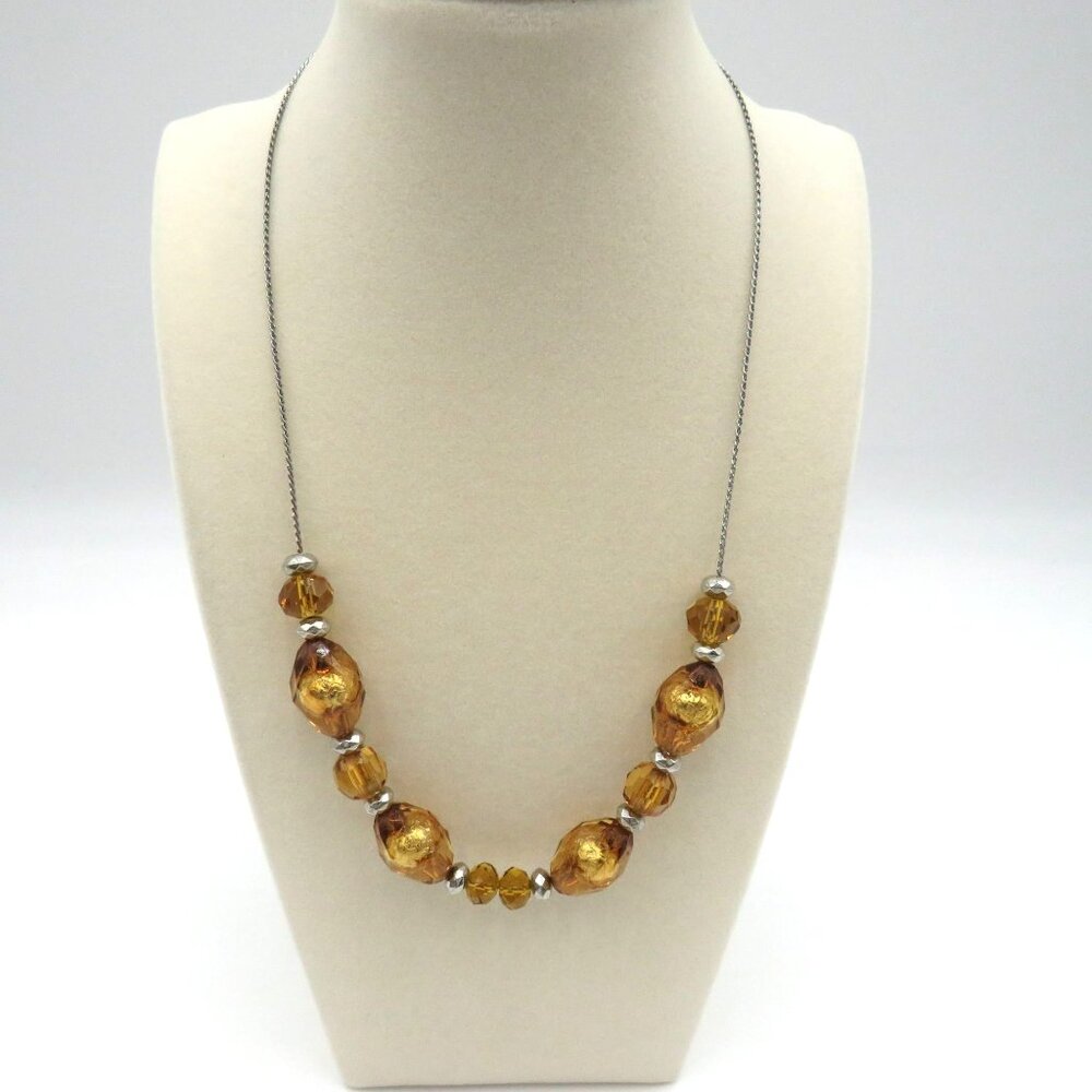 Amber‎ Lucite Bead Necklace Silver Tone 17" Chain Faceted Adjustable Vintage